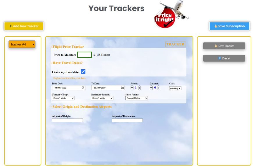 Flight Price Saver - tracker - Screen