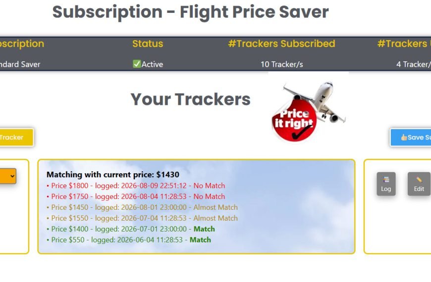 Flight Price Saver - tracker log - Screen